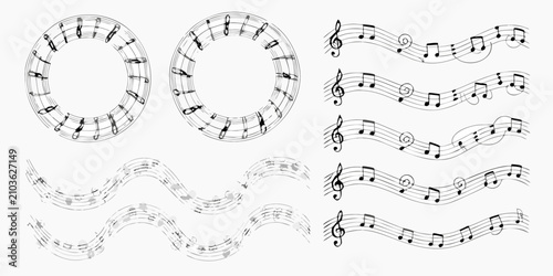 Schilderij op canvas musical notes on staffs in black and white line art style music notation clef qu