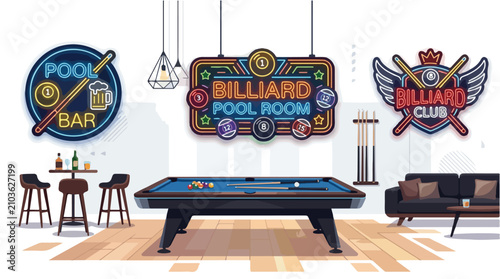 Modern game room with pool table and neon signs creating a fun entertainment space for social gatherings
