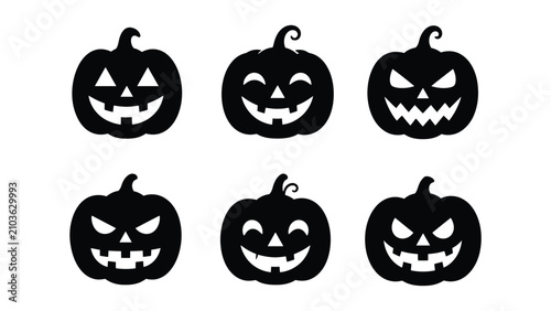 Minimal Black Jack O' Lantern Icon Set – Halloween Pumpkin Flat Vector Silhouette Collection