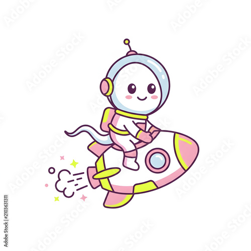 Kawaii Space Creature Riding Rocket Through Cosmic Sky for Children's Books and Futuristic Technology Designs