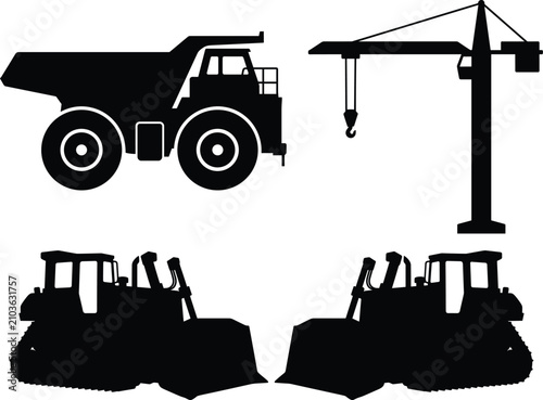 Heavy Construction Machinery Silhouette Set including Dump Truck Crane and Bulldozer Black Vector