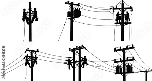 Принти на полотні Utility Line Workers Repairing Electrical Distribution Poles Professional Silhou