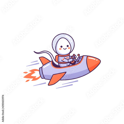 Happy Cartoon Sperm Cell Astronaut Character Piloting a Rocket Ship Illustration for Fertility, Success, and Science Concepts