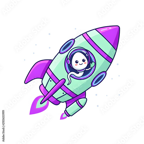 Kawaii Style Cartoon Character Waving from a Rocket Ship, Representing Business Startup Launch or Digital Innovation