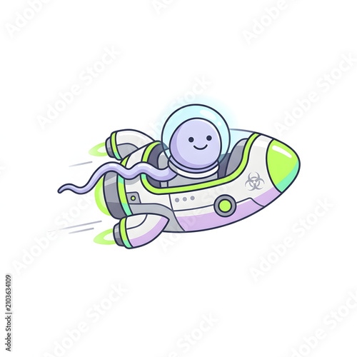 Smiling Cartoon Octopus Astronaut Piloting a Futuristic Rocket Ship for Space Exploration and Kids' Educational Content