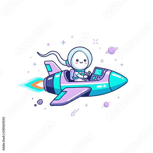 Adorable Cartoon Sperm Character Piloting Rocket Through Outer Space for Fertility, Success, and Achievement Concepts
