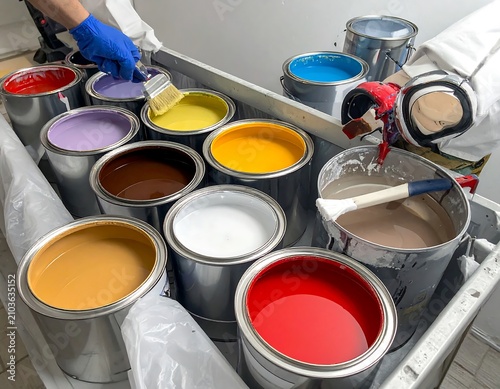 A metal cart filled with paint cans in various colors