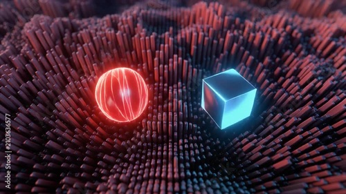 3d holographic data particles with glowing sphere and cube animation
