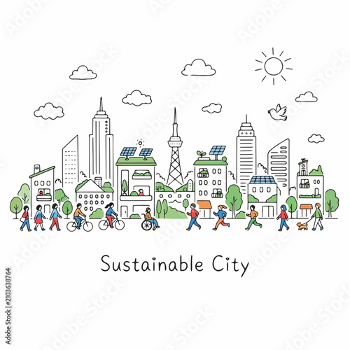 Vector illustration of a sustainable eco city with green buildings, renewable energy, and active citizens