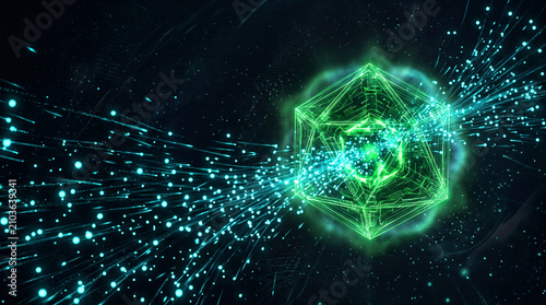 Abstract digital technology background featuring a glowing green polygonal geometric shield and futuristic cyber network particle streams