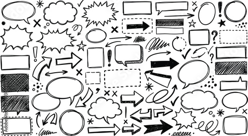 Hand drawn speech bubbles and arrows collection featuring various doodle style shapes for creative graphic design