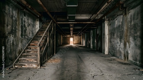 Interior view of an empty abandoned industrial warehouse basement with a wooden staircase and light at the end.