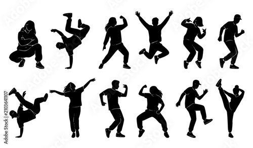 Cuadro en lienzo Dynamic Dancing People Black Silhouette Vector Set with Hip Hop Street Dance Tee