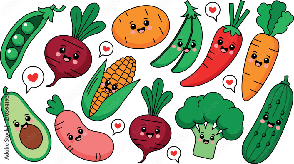 Fototapeta premium Cute kawaii vegetable character vector set with smiling faces hearts and happy healthy cartoon food elements for kids