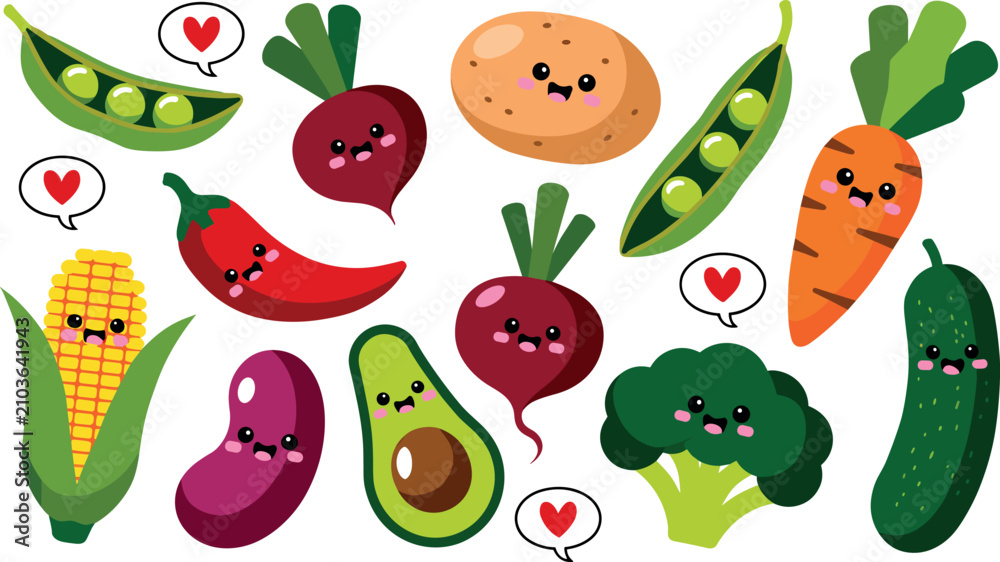 Fototapeta premium Cute kawaii vegetable character vector set with smiling faces hearts and happy healthy cartoon food elements for kids