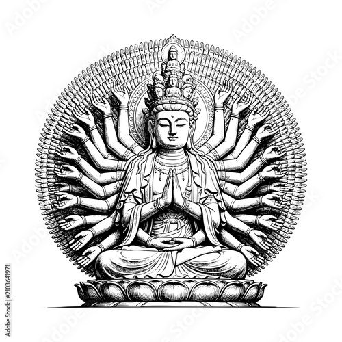 Billede på lærred Thousand-Armed Buddha Statue illustration featuring a majestic Buddhist figure surrounded by countless hands arranged in a radiant halo formation