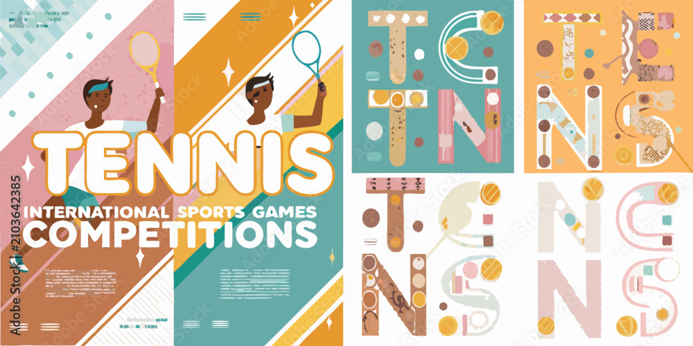 Fototapeta premium tennis players in vibrant vector illustration with colorful geometric patterns sports competition international games racket ball activity fitness health dynamic