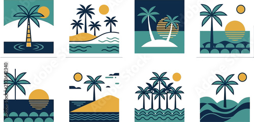 Minimalist square icons featuring tropical palm trees and sunset landscapes in a stylized flat design aesthetic
