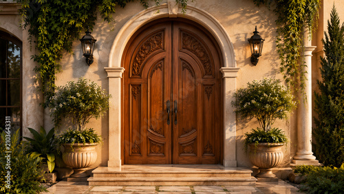 Luxury Arched Wooden Front Door with Intricate Carved Details and Elegant Villa Entrance Architecture