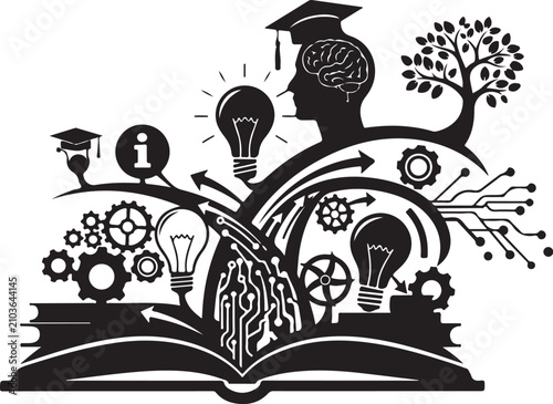 Educational knowledge concept vector, open book with light bulbs and gears, creative learning and academic growth illustration in black and white