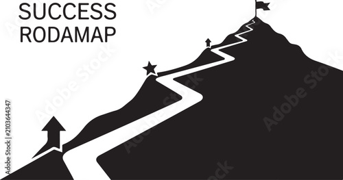 Success roadmap mountain peak vector, business goal achievement path with flag, black and white career growth strategy illustration