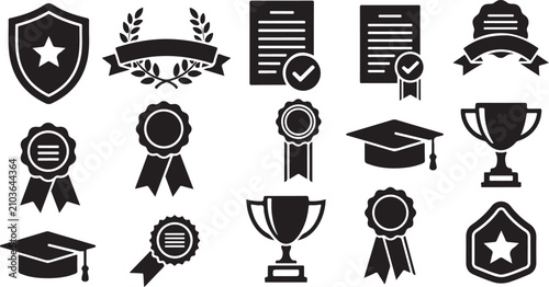 Achievement and award icon set, black silhouette trophy and medal symbols, graduation cap and certificate vector elements for education and success