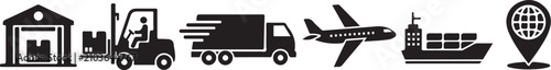 Logistics and supply chain icon set, black silhouette transportation symbols, global shipping and delivery vector elements for business infographics
