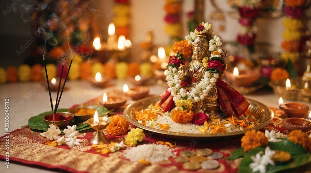 Fototapeta premium Hindu Goddess Lakshmi Idol Worship Setup with Traditional Oil Lamps and Flowers for Diwali Festival Puja Ceremony at Home