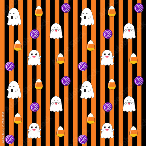 Happy halloween seamless pattern.Repeat pattern of playful monsters with candy corns and lollipops on black and orange  stripes.Cute cheerful little ghost, boo, spooky vector wallpaper.