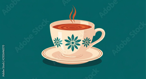 Obraz na plátně Illustrated Cup of Tea with Floral Design