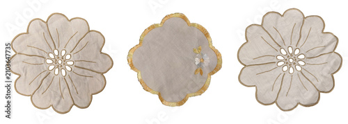 Fotografie Vintage embroidered linen lace doilies elegant round textile napkins on a transp
