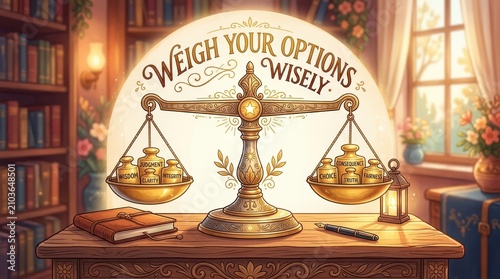 Symbolic Balance Scale Weighing Options Wisely in a Library Setting with Notebook and Pen