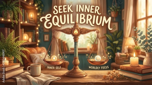 Symbolic Scales of Justice Representing Inner Self vs. Worldly Focus, Illuminated by Candles and Cozy Ambiance