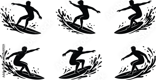 Photography Surfing silhouette collection, ocean wave riders, extreme water sport, vector il