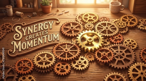 Synergy Creates Momentum Text Overlapping Metal Gears and Cogs on a Wooden Surface, Business Concept