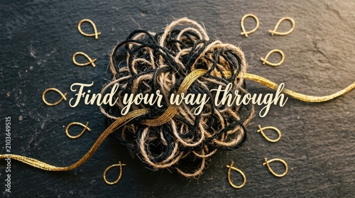 Tangled threads and gold ribbon with inspirational text 