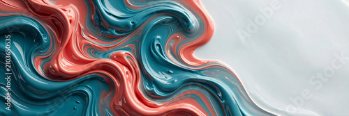 Smooth glossy waves of teal and coral enamel paint mixing together 3d fluid art background
