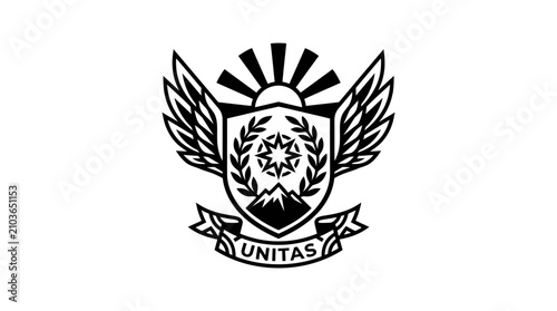 Black and white heraldic crest emblem with wings and sun.