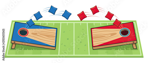 Bean Bag Toss Game Boards with Flying Bags on Grass Field