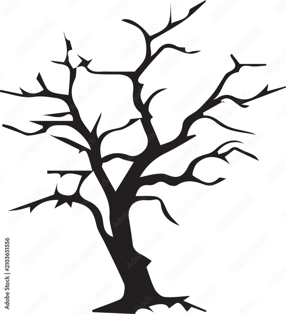 Fototapeta premium Minimalist Black Silhouette Graphic Illustration of a Bare Winter Tree Isolated on White Background. 