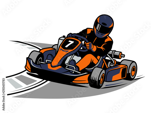 A go-kart aggressively clipping the apex of a racing corner