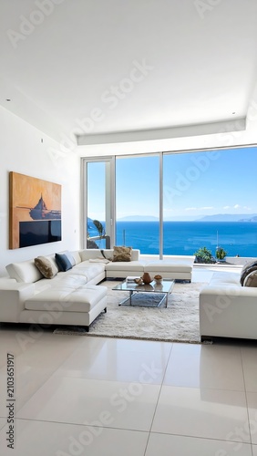 A modern living room with a stunning ocean view from a large window