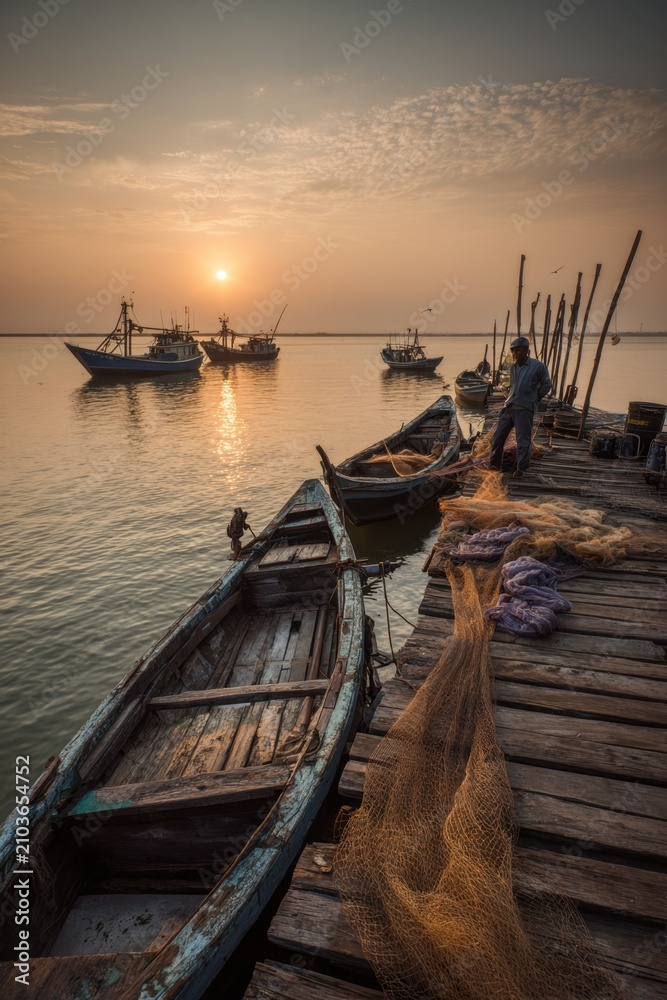 Fototapeta premium Fisherman mends fishing nets on a wooden pier during sunset at a coastal location with fishing boats in the background