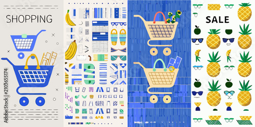Photos shopping cart and pineapple pattern colorful vector illustration banana sale gro