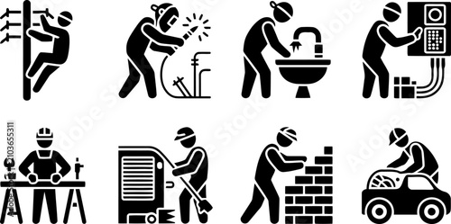 Construction and repair work with electrical, plumbing, and automotive tasks isolated on transprent background.