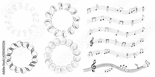 Foto musical notes on staffs in black and white line art music notation clef quavers