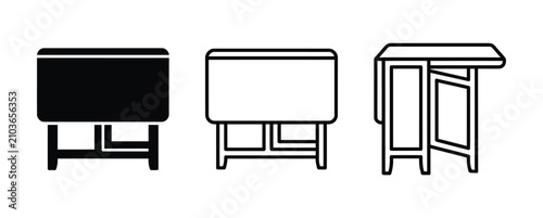 Set of simple folding table icons in flat black and outline style for interior design projects