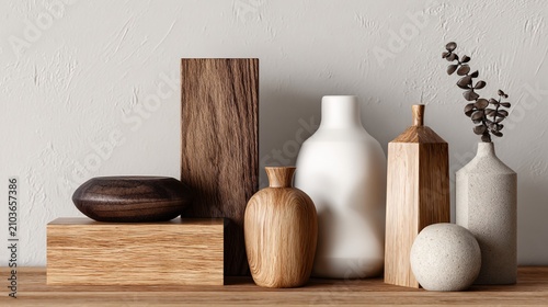 Modern Minimalist Ceramic and Wooden Vases and Decor on Wooden Shelf