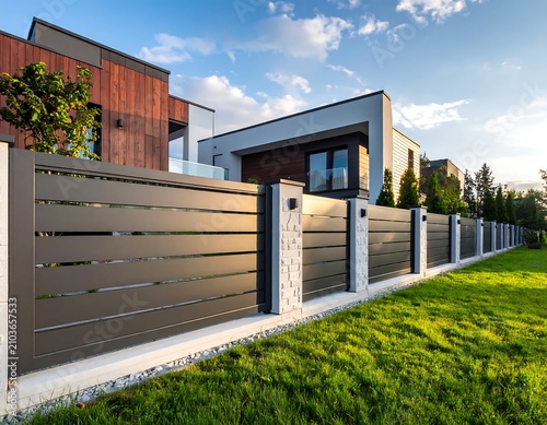 A modern house with a sleek metal fence and a well-manicured lawn