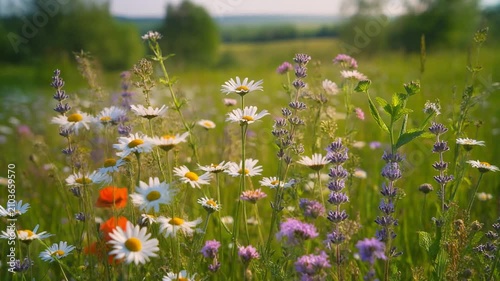 Tranquil wildflower meadow swaying gently in summer breeze